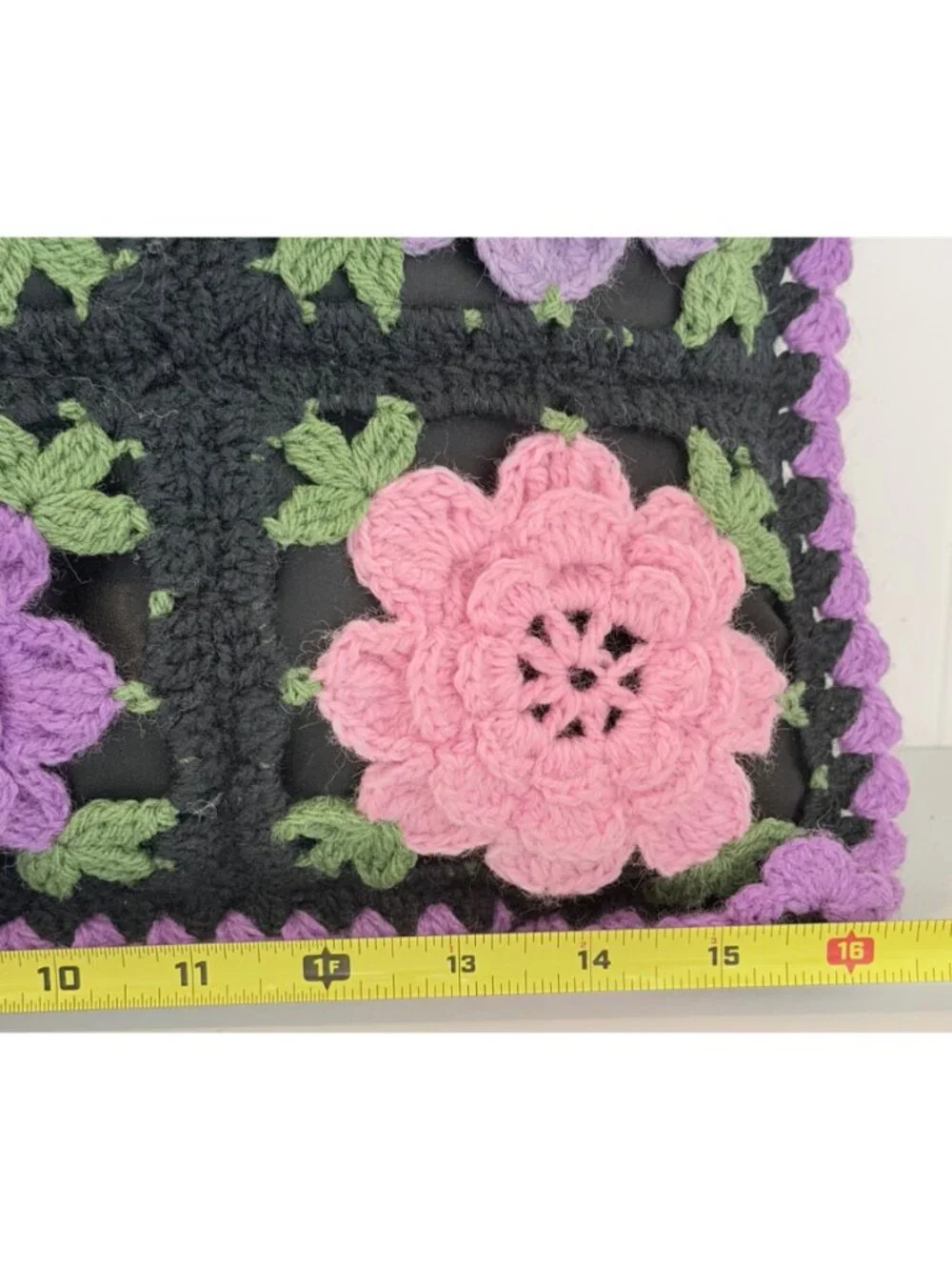 Handmade Crochet 3D Floral Granny Square Throw Pillow Purple Pink Black 16x16